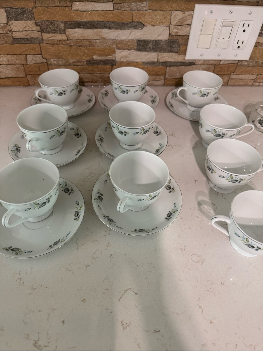 White Porcelain Tea Cup and Saucer Set with Green Leaf Accent -